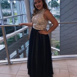 Two piece Prom Dress, Navy blue & Cream with gems